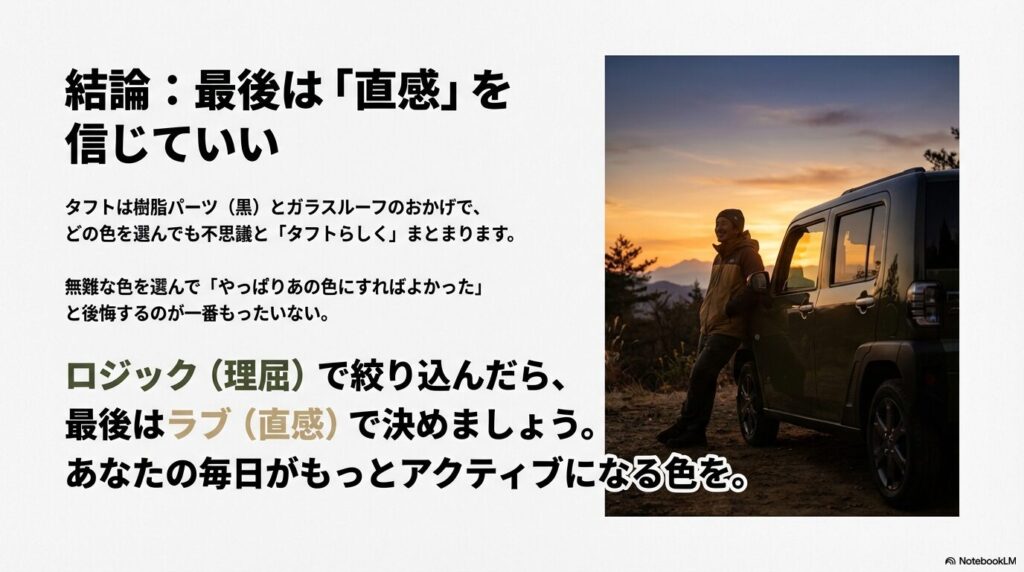 論理で絞り込んだら、最後は自分の直感を信じて色を選ぶ大切さを伝えるイメージスライド