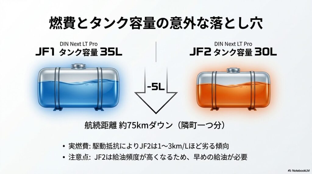 JF1(35L)とJF2(30L)の燃料タンク容量の差と、航続距離が約75kmダウンする点を示した図