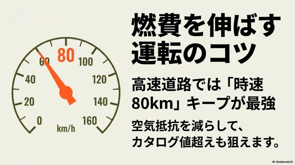 高速道路で時速80kmをキープすることで空気抵抗を減らし燃費を伸ばすコツを示すスピードメーターの図