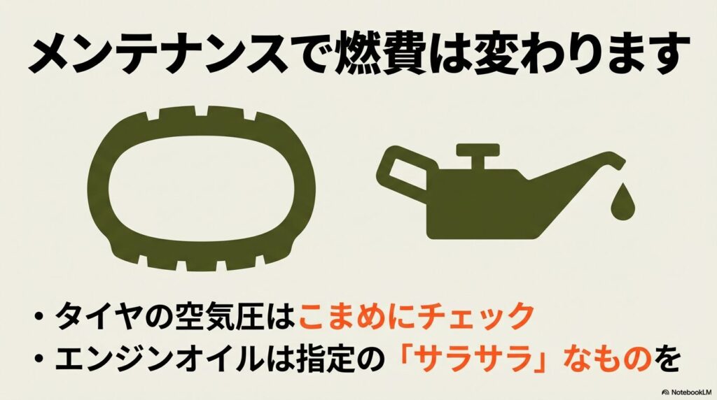 タイヤの空気圧チェックと指定のサラサラなエンジンオイルの使用を推奨するメンテナンススライド
