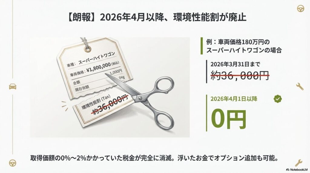 180万円の軽自動車を購入する場合、環境性能割が36,000円から0円になることを示す図解。