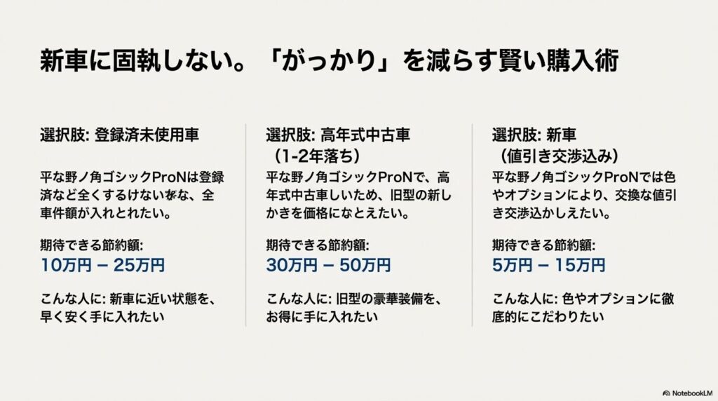 未使用車で10-25万、中古車で30-50万の節約が期待できるなど、購入方法別のメリットをまとめた比較表。