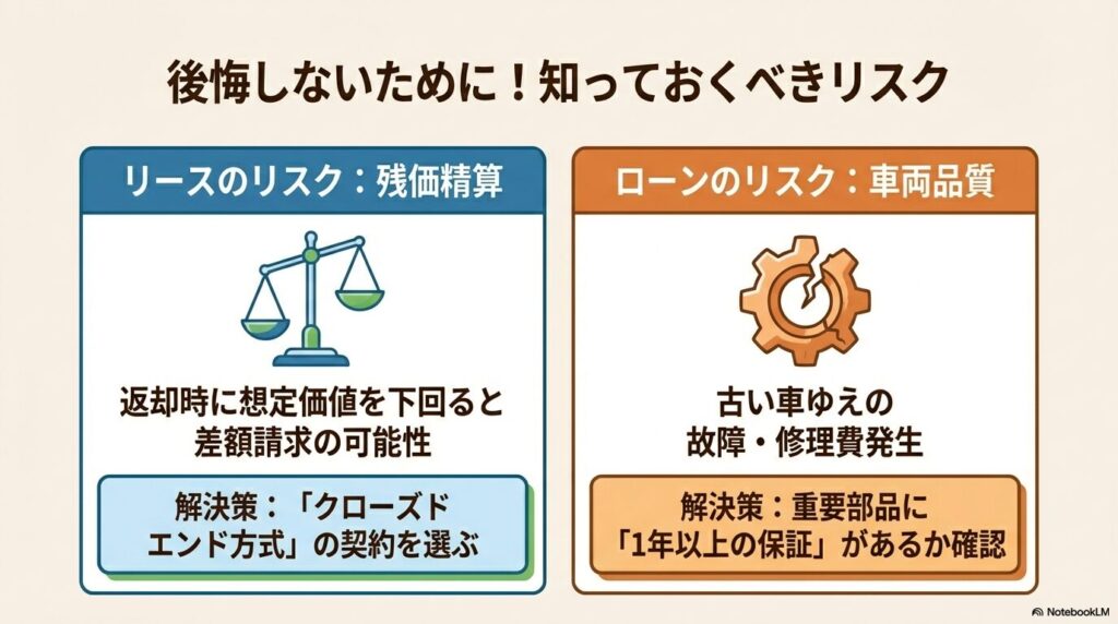 カーリースの残価精算リスクと中古車の車両品質リスク、およびそれぞれの解決策を提示した図解