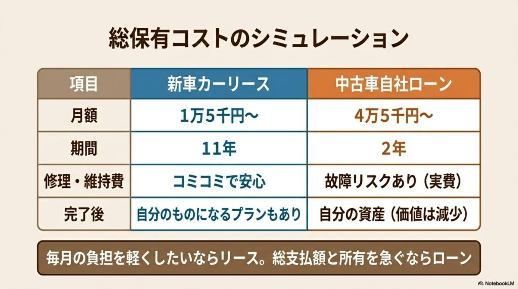 新車カーリースと中古車自社ローンの月額、期間、維持費を比較したシミュレーション表のスライド
