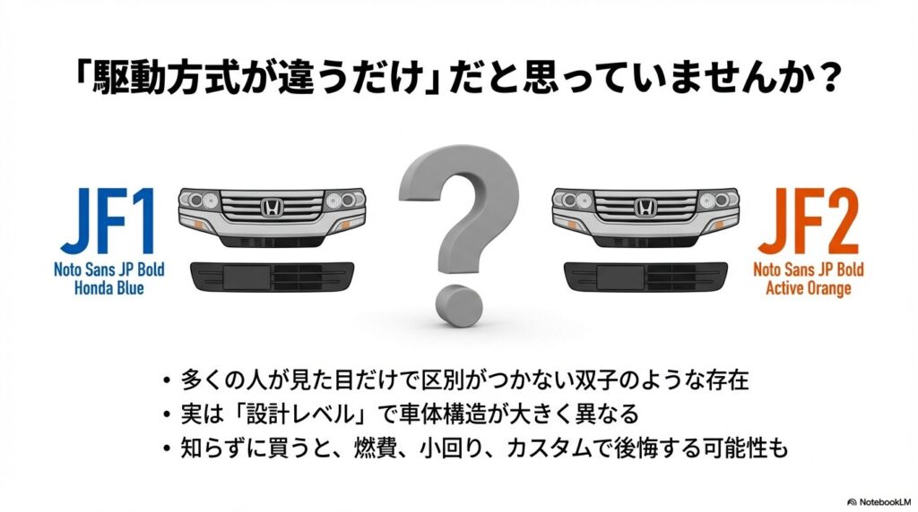 見た目は双子のようだが設計レベルで車体構造が大きく異なるN-BOXの型式JF1とJF2の解説