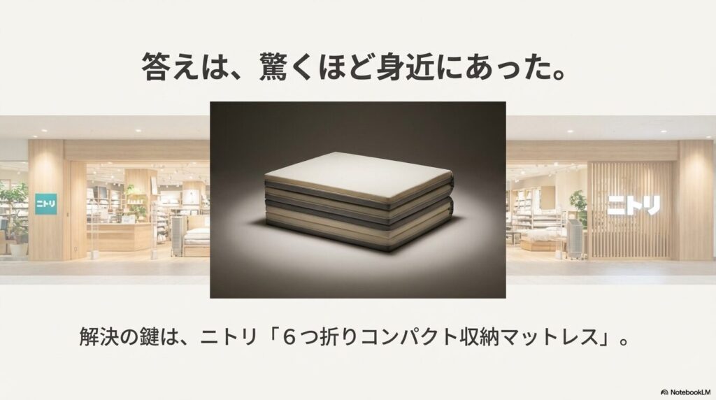 車中泊の悩みを解決するニトリの6つ折りコンパクト収納マットレスの製品イメージ
