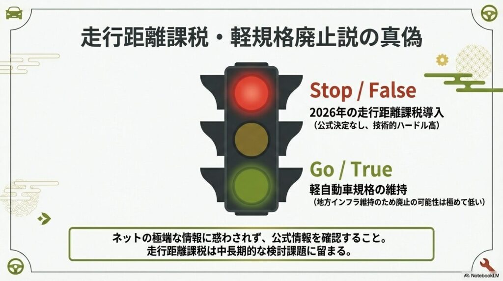 走行距離課税導入（決定なし）と軽自動車規格廃止（可能性低い）の真偽をStop/Go形式で解説するスライド。