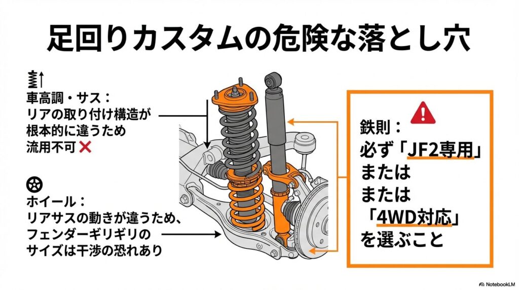 リアの取り付け構造が根本的に違うためJF1用の車高調がJF2に流用できないことへの警告