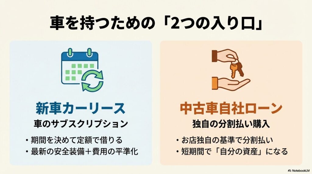 車のサブスクである新車カーリースと、独自の分割払いである中古車自社ローンの特徴を比較した図解。