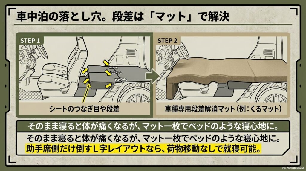 シートのつなぎ目の段差を解消マットでフラットな寝床に変える2ステップ
