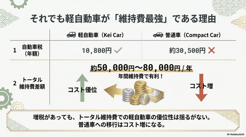 軽自動車と普通車の自動車税の差額を示し、年間5万〜8万円程度、軽自動車の方が有利であることを強調する図解。
