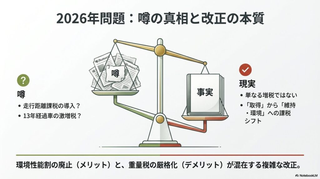 走行距離課税などの噂と、環境性能割廃止・重量税厳格化という事実を天秤にかけて比較しているイラスト
