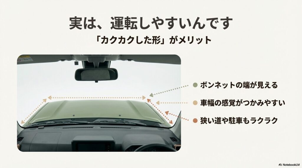 タフトの運転席からボンネットの端が見える視界の良さを説明する図