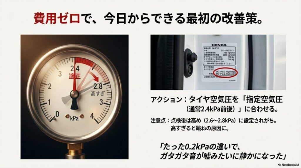 指定空気圧2.4kPaに対して高すぎる2.8kPaが跳ねの原因になることを示す空気圧計のイラスト