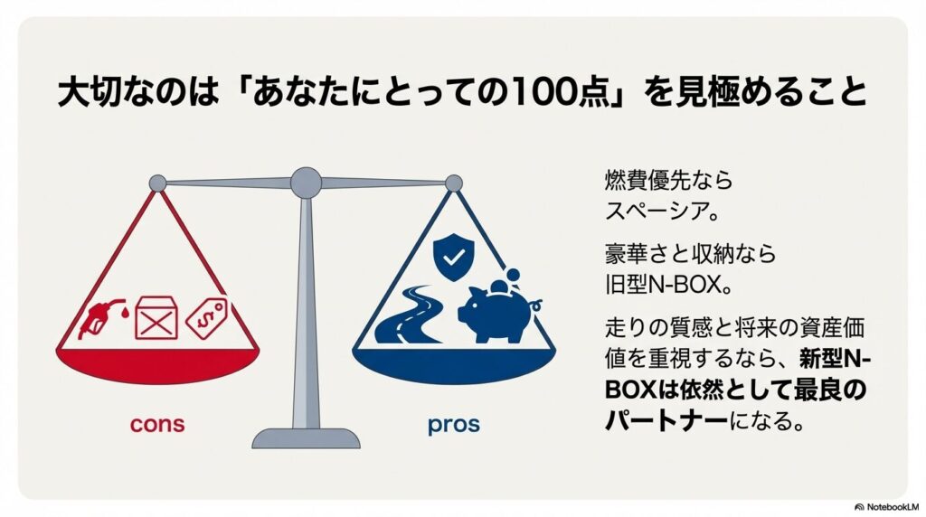 燃費優先ならスペーシア、豪華さなら旧型、資産価値なら新型N-BOXという選び方の基準をまとめた図。