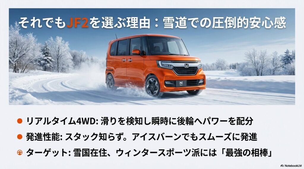 滑りを検知し瞬時に後輪へパワーを配分するJF2のリアルタイム4WDの雪道発進性能