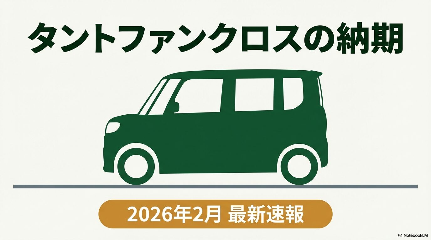 2026年2月時点のタントファンクロス納期最新速報スライド。ダイハツの人気軽SUVの納車状況を解説。