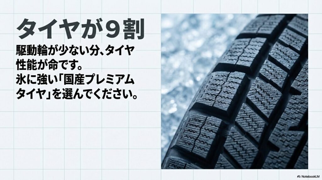駆動輪が少ない2WDこそタイヤ性能が重要であることを強調し、国産プレミアムタイヤを推奨するスライド。