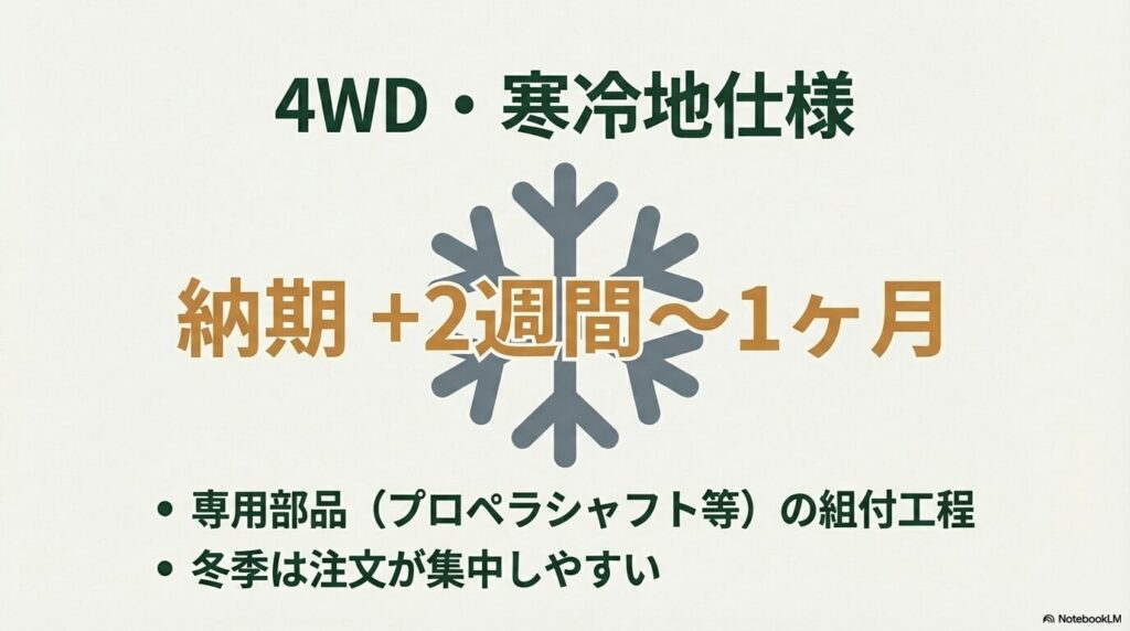 4WDや寒冷地仕様を選択すると納期が2週間から1ヶ月延びることを説明するアイコン付きスライド