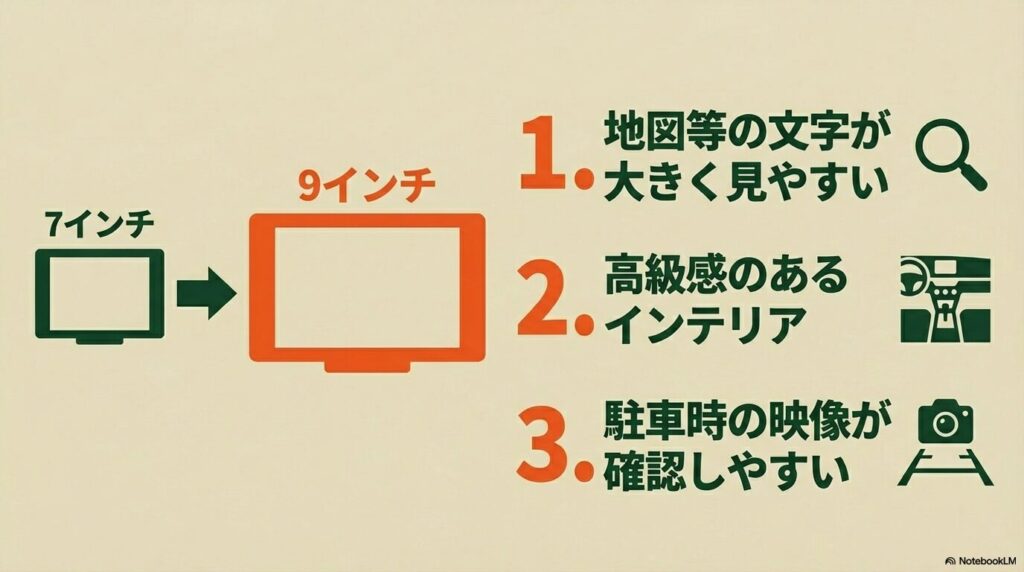 7インチと9インチのサイズ比較図。地図の見やすさ、高級感、駐車時の映像確認のしやすさの3つのメリット解説