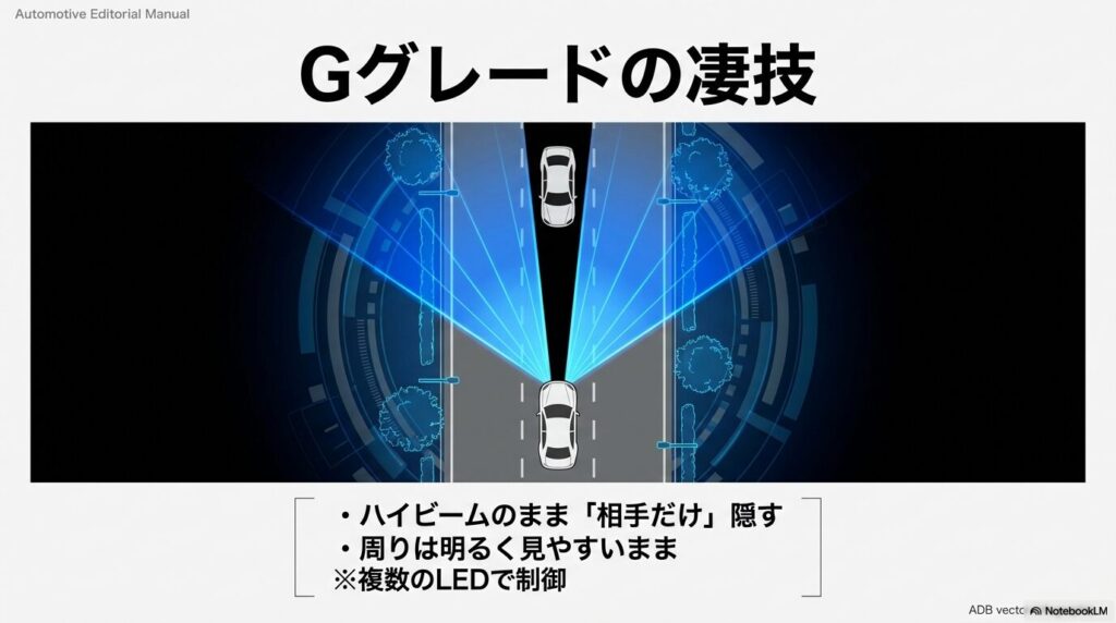 対向車の部分だけを遮光し、周囲を明るく照らし続けるADB（アダプティブドライビングビーム）の仕組み