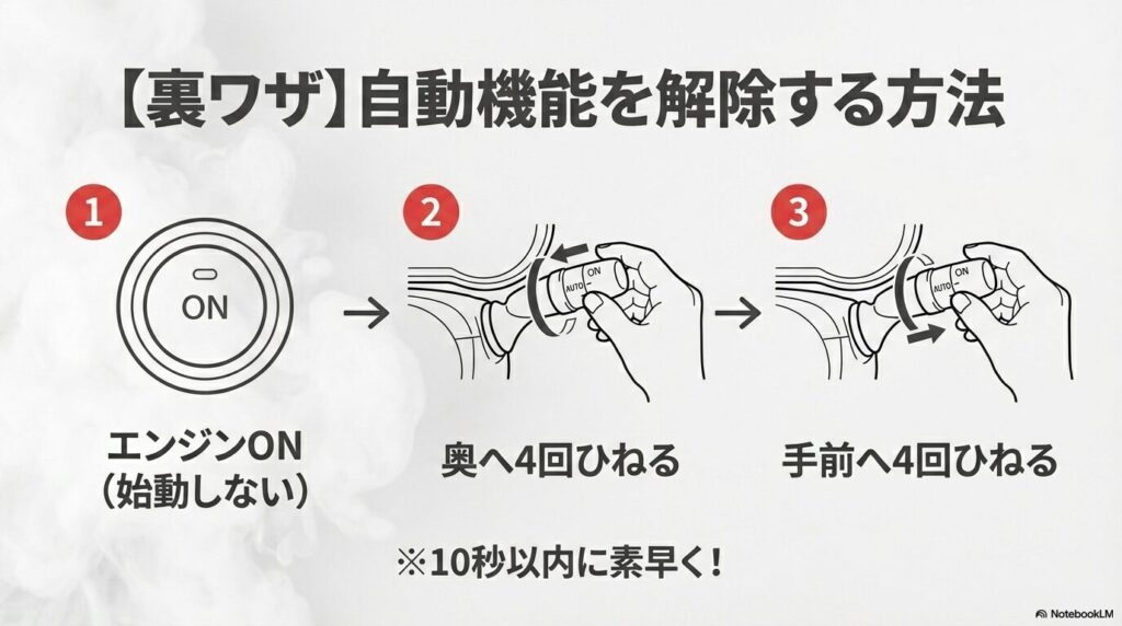 ライトスイッチを奥や手前に4回ずつひねる、タフトのオートハイビーム解除裏ワザの図解
