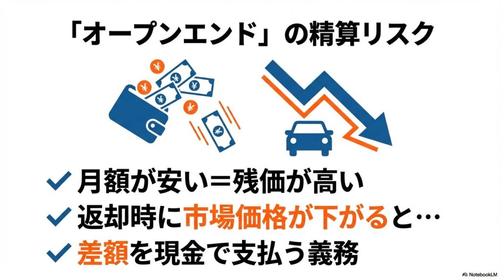 月額が安い代わりに、返却時に市場価格が下がると差額を現金で支払う義務が生じるオープンエンド方式のリスクを解説する図。