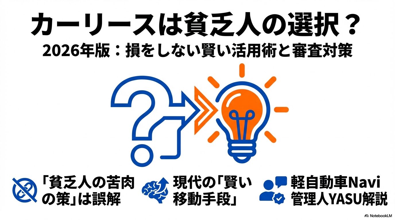 カーリースが「貧乏人の選択」であるという誤解を解き、2026年版の賢い活用術と審査対策を解説するスライドの表紙。