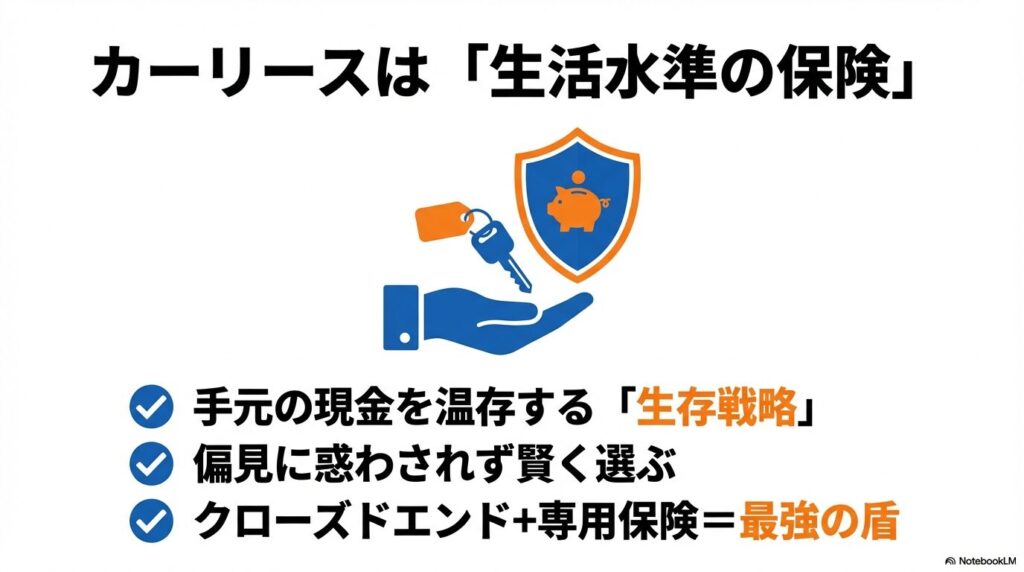偏見に惑わされず、手元の現金を温存する生存戦略として、クローズドエンドと専用保険を組み合わせる「最強の盾」のまとめ。