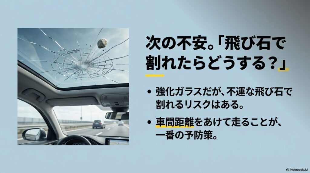 走行中に飛び石が当たり、ガラスルーフにひびが入ったイメージ画像。車間距離の重要性を促す内容