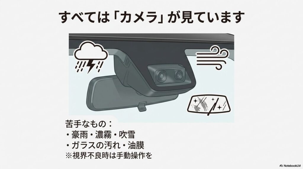 豪雨、濃霧、吹雪やガラスの汚れなど、スマートアシストのカメラが正常に作動しにくい条件のイラスト