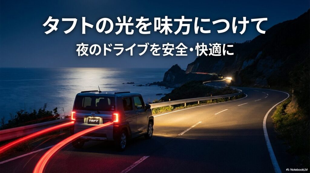 「タフトの光を味方につけて 夜のドライブを安全・快適に」というメッセージが添えられた、記事の結びのイメージ画像