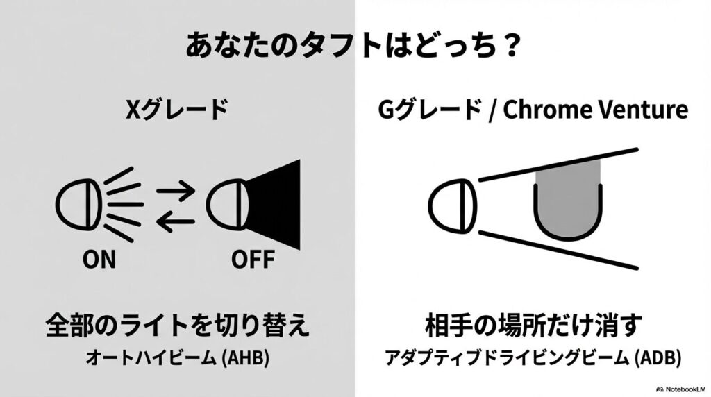 タフトのXグレードに搭載されるオートハイビーム（AHB）とGグレード以上のアダプティブドライビングビーム（ADB）の機能比較