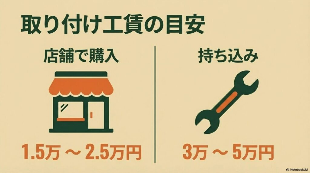 お店のアイコン。店舗購入時は1.5万から2.5万円、持ち込み時は3万から5万円という取り付け工賃の目安表