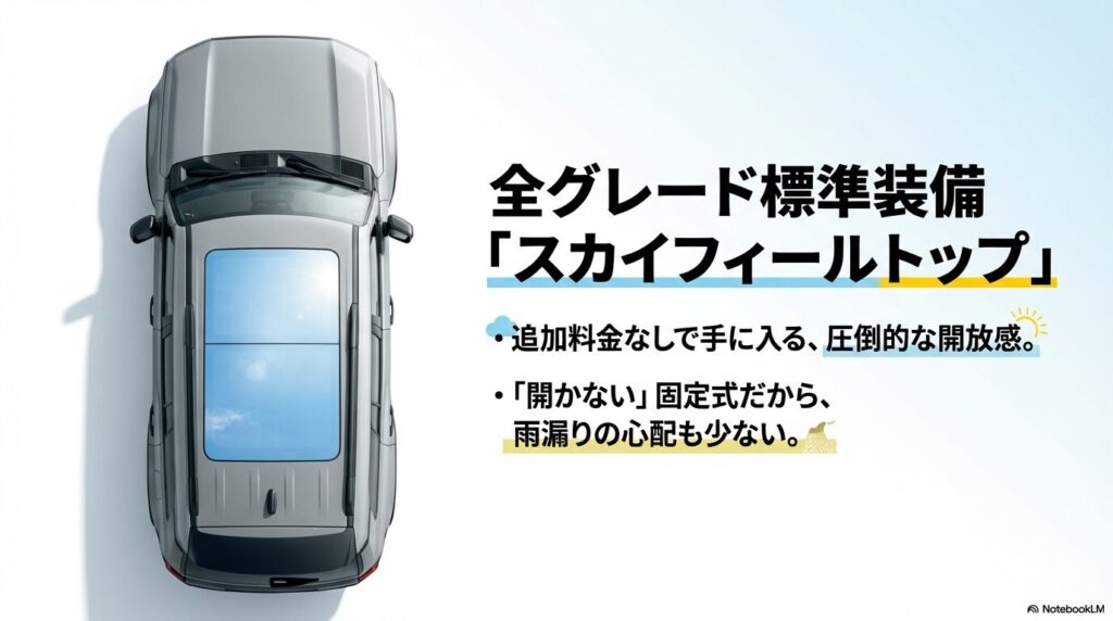 ダイハツ・タフトを真上から見た画像。全車標準装備の大きなガラスルーフ「スカイフィールトップ」が特徴的