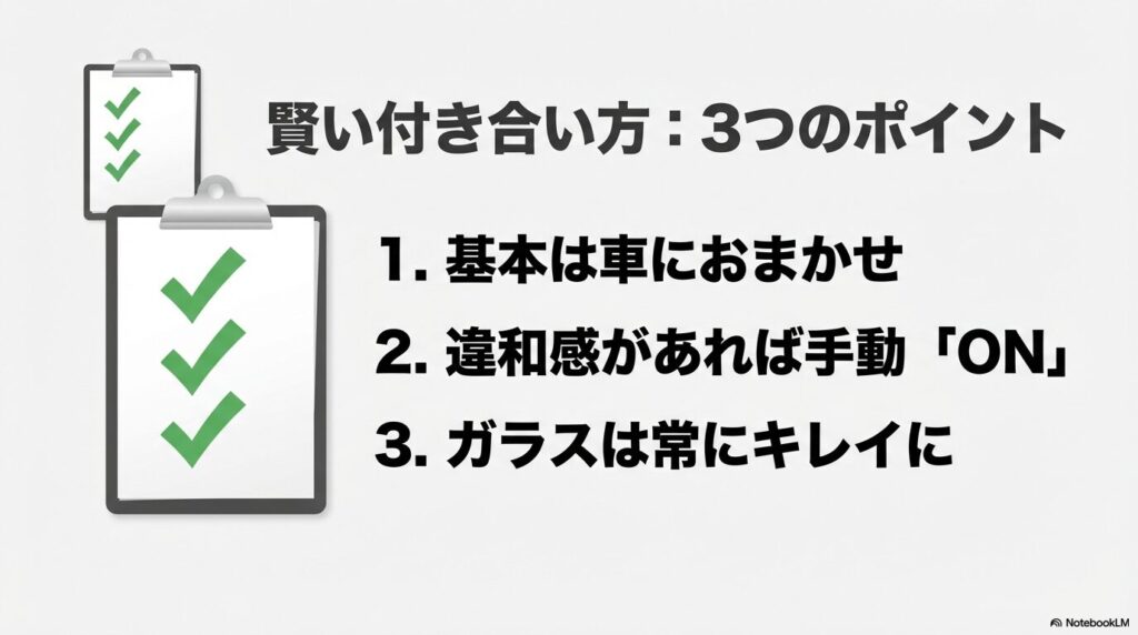 基本はおまかせ、違和感があれば手動、ガラスを綺麗に保つというタフトのライトとの賢い付き合い方