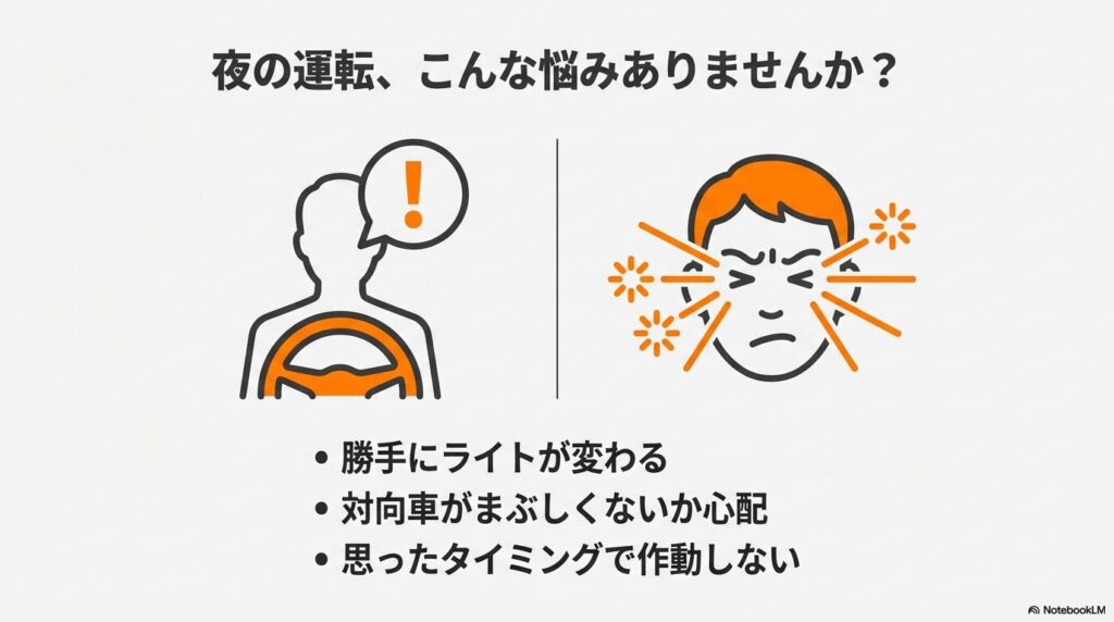 タフトのライトが勝手に切り替わる、対向車の眩惑が心配、作動タイミングが合わないといった夜間運転の悩みの図解