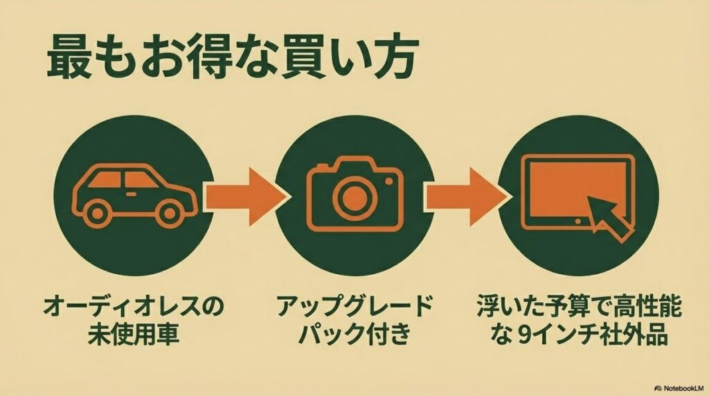 未使用車、アップグレードパック付き、オーディオレスの条件で浮いた予算を高性能な社外9インチに回すお得な買い方の解説