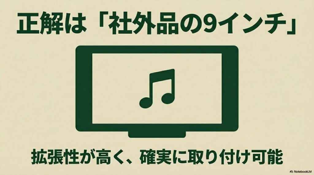 音楽アイコンが表示されたディスプレイと、拡張性が高く確実に取り付け可能な社外品9インチが正解であるという解説