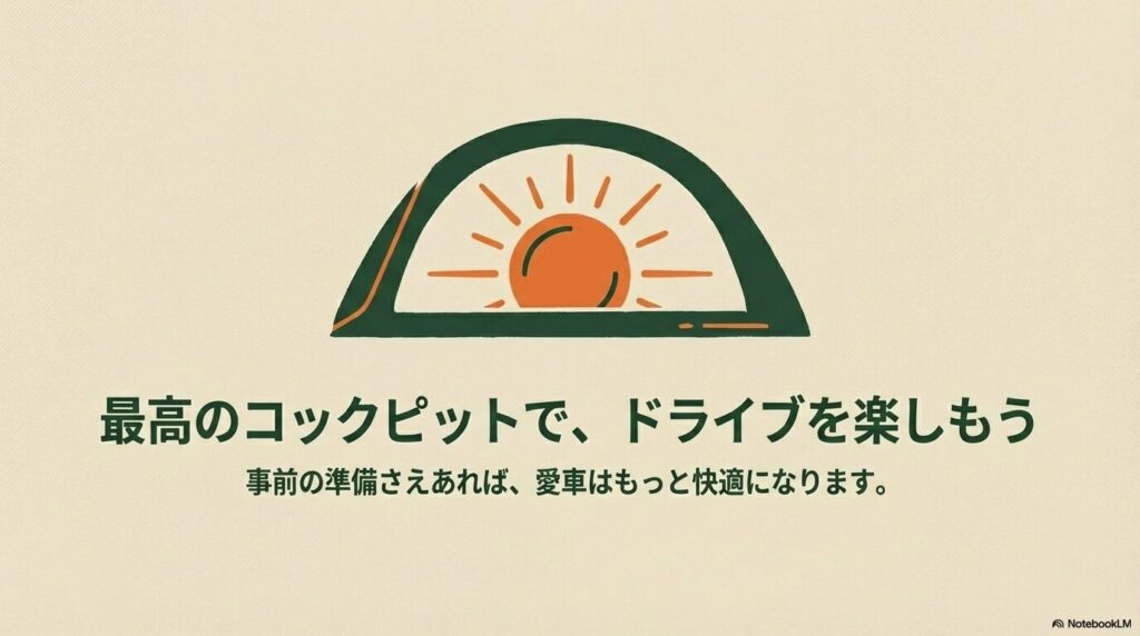 日の出と道路のイメージイラスト。事前の準備で愛車を快適にする最高のコックピットでのドライブを推奨する画像