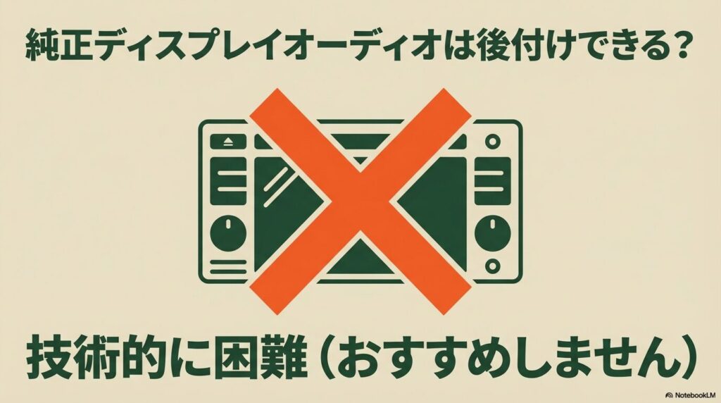 オーディオユニットに大きな赤色の×印が重なり、純正ディスプレイオーディオの後付けは技術的に困難であることを示す画像
