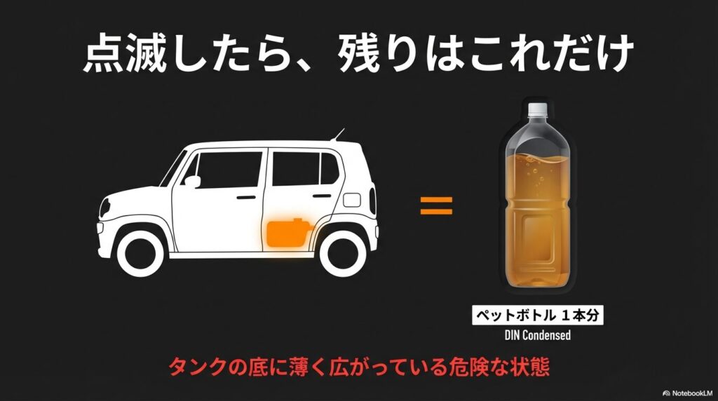 ハスラーのガソリンが点滅した際の残量はペットボトル1本分程度で、タンクの底に薄く広がっている危険な状態を示すイラスト