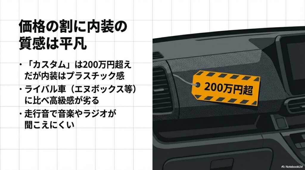 タントカスタムのプラスチック感のある内装と走行音による静粛性の低下解説