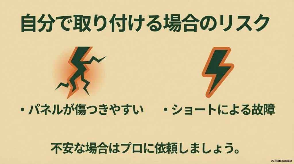 稲妻のアイコン。パネルの傷やショートによる故障など、自分で取り付ける際のリスクとプロへの依頼推奨の解説