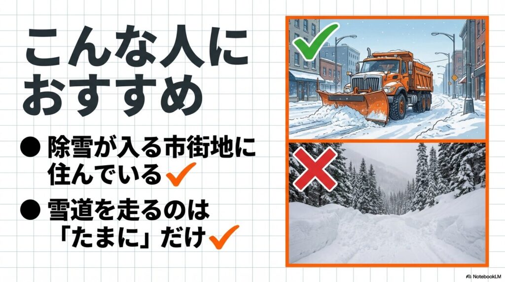 除雪が入る市街地居住者や、たまにしか雪道を走らない人にハスラー2WDを推奨するチェックリスト。