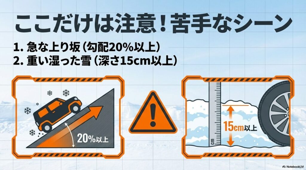 勾配20%以上の急坂や深さ15cm以上の重い雪など、ハスラー2WDが注意すべき走行限界の図解。