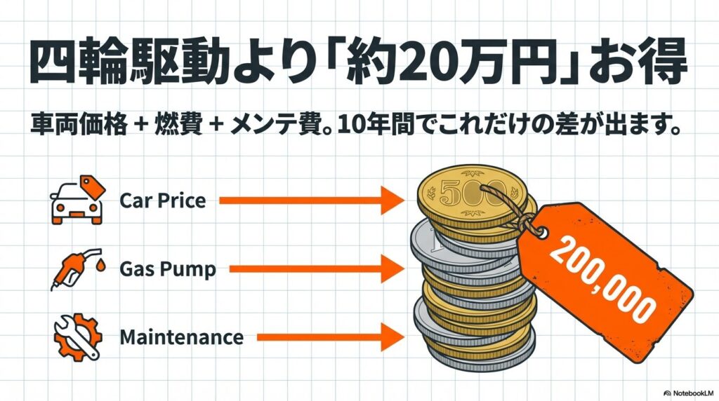 車両価格、燃費、メンテ費を合計すると10年間で約20万円の差が出ることを示すコストシミュレーション。