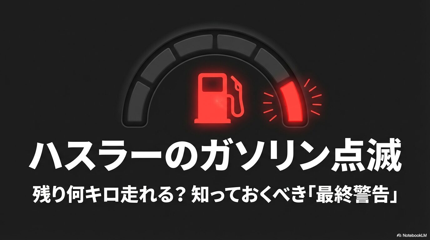 ハスラーのガソリン残量警告灯が点滅した際、あと何キロ走れるかを知っておくべき最終警告についてのスライド