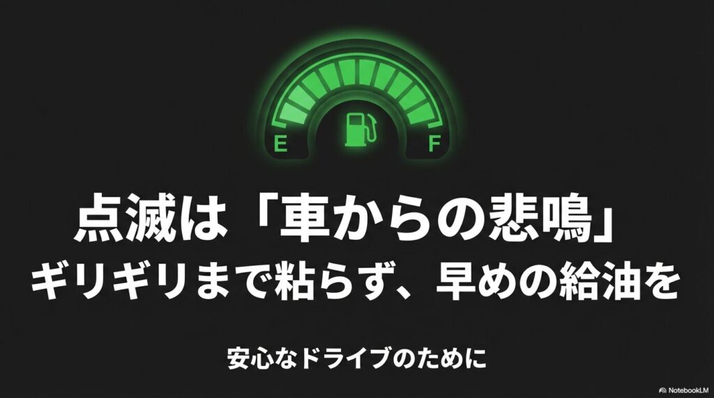 ガソリン残量警告灯の点滅は車からの悲鳴であり、ギリギリまで粘らず早めの給油を推奨するまとめのスライド