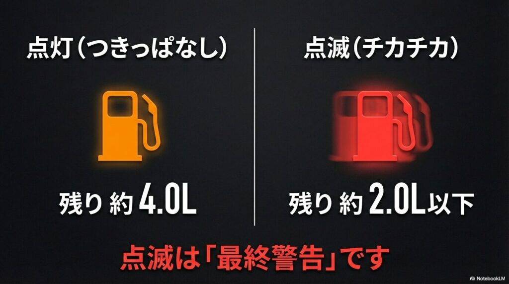 ハスラーの給油マークが点灯（残り約4L）と点滅（残り約2L以下）の残量の違いと、点滅が最終警告であることを示す比較図